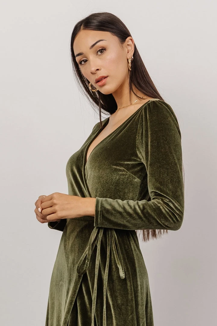 BB Custom Esmerelda Velvet Wrap Maxi Dress | Olive 2 BB Custom Esmerelda Velvet Wrap Maxi Dress | Olive