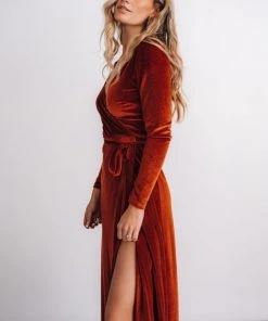 BB Custom Esmerelda Velvet Wrap Maxi Dress | Rust