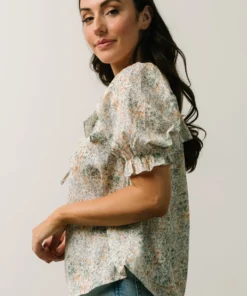 POL Estonia Square Neck Top | Cream + Sage Multi Floral Tops