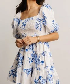 FT Evelina Smocked Short Dress | Off White + Blue Dresses