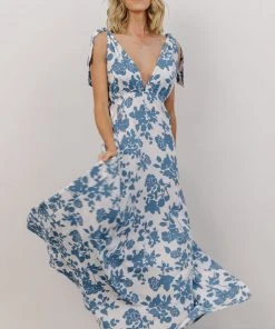 DD Dresses Everlee Tie Tank Maxi Dress | White + Blue Floral