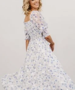 BB Custom Dresses Fabian Jacquard Midi Dress | Blue Floral