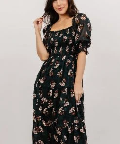 BB Custom Dresses Fabian Jacquard Midi Dress | Dark Green Floral