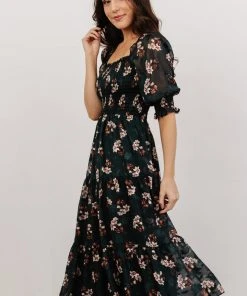 BB Custom Dresses Fabian Jacquard Midi Dress | Dark Green Floral