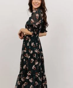 BB Custom Dresses Fabian Jacquard Midi Dress | Dark Green Floral