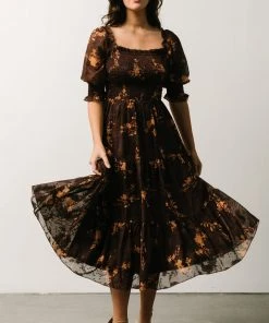 BB Custom Dresses Fabian Jacquard Midi Dress | Mahogany Floral