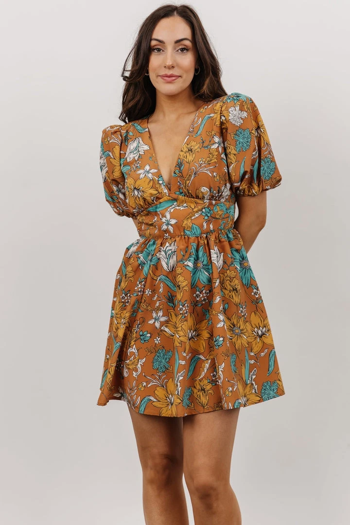 FT Dresses Finland Balloon Sleeve Mini Dress | Camel Floral 4 FT Dresses Finland Balloon Sleeve Mini Dress | Camel Floral