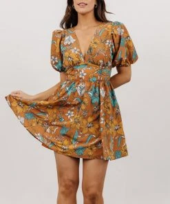 FT Dresses Finland Balloon Sleeve Mini Dress | Camel Floral
