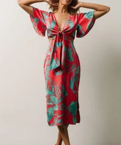 SL Finn Front Tie Midi Dress | Fuchsia Palm Print