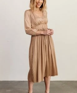 POL Gabriella Satin Midi Dress | Champagne Dresses