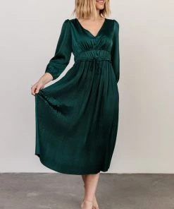POL Dresses Gabriella Satin Midi Dress | Dark Green