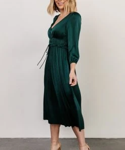 POL Dresses Gabriella Satin Midi Dress | Dark Green