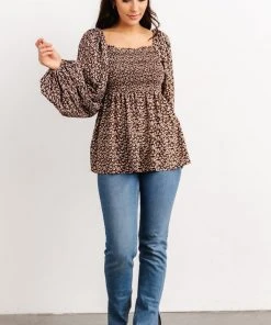 HAY Greta Long Sleeve Peasant Top | Brown Floral