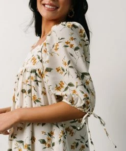 HAY Hallie Babydoll Mini Dress | Ivory + Gold Floral Dresses