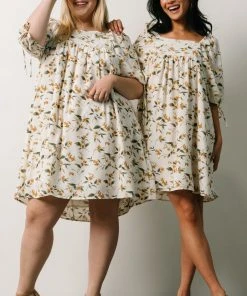 HAY Hallie Babydoll Mini Dress | Ivory + Gold Floral Dresses