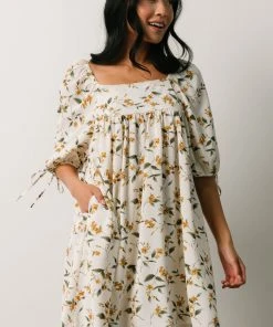 HAY Hallie Babydoll Mini Dress | Ivory + Gold Floral Dresses