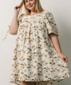 HAY Hallie Babydoll Mini Dress | Ivory + Gold Floral Dresses