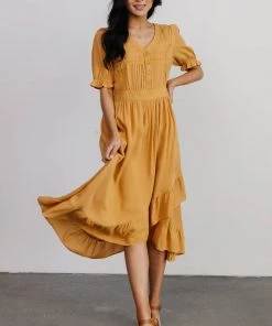 POL Dresses Hannah Midi Dress | Mustard