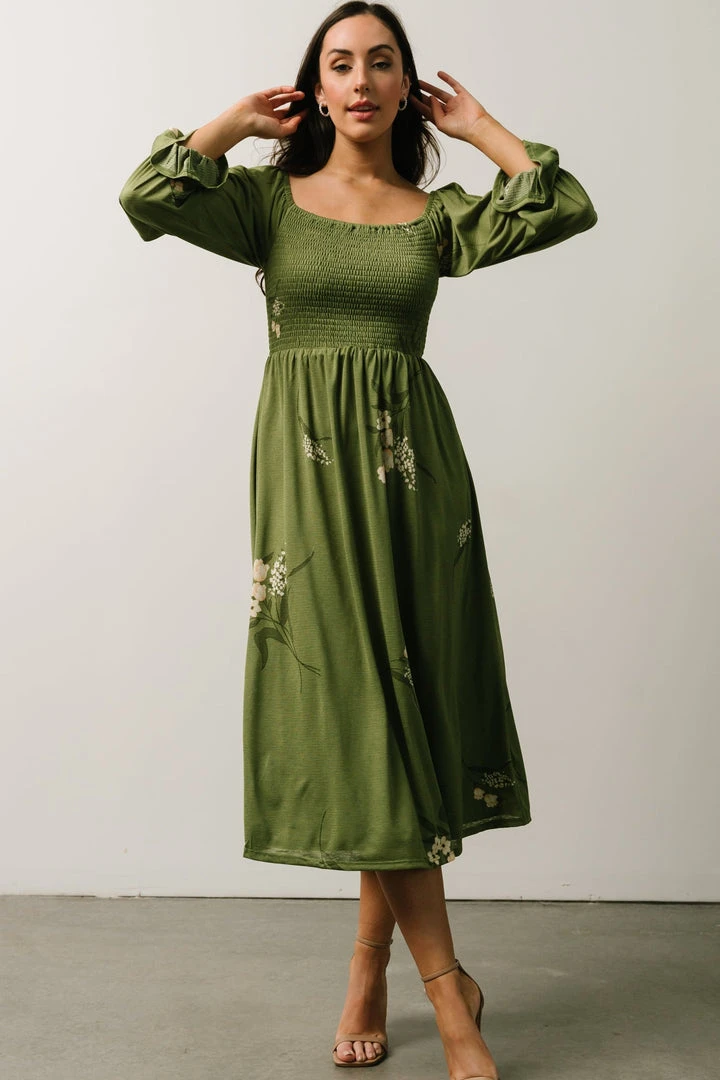 SL Heather Smocked Midi Dress | Olive + Peach Floral SL Heather Smocked Midi Dress | Olive + Peach Floral