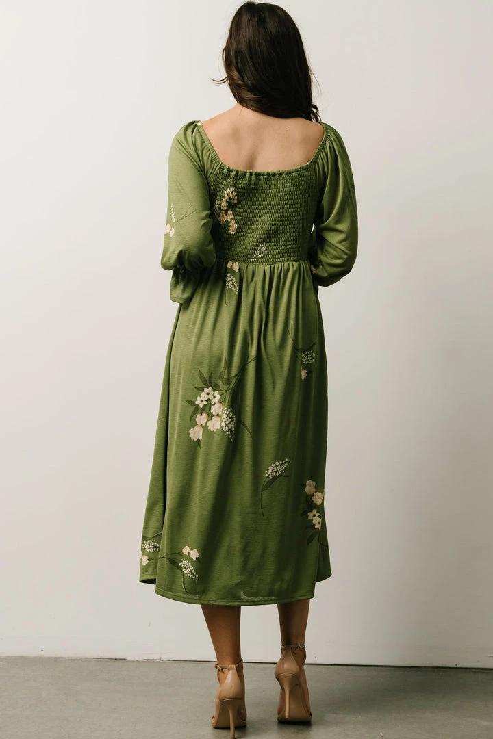 SL Heather Smocked Midi Dress | Olive + Peach Floral SL Heather Smocked Midi Dress | Olive + Peach Floral