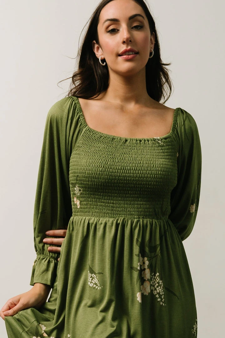 SL Heather Smocked Midi Dress | Olive + Peach Floral SL Heather Smocked Midi Dress | Olive + Peach Floral