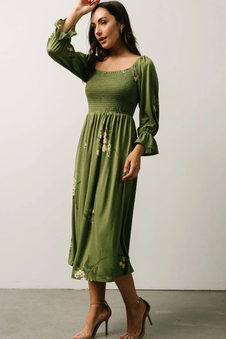 SL Heather Smocked Midi Dress | Olive + Peach Floral SL Heather Smocked Midi Dress | Olive + Peach Floral