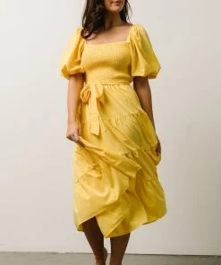 FT Horizon Puff Sleeve Smocked Midi Dress | Bright Yellow