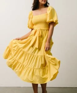 FT Horizon Puff Sleeve Smocked Midi Dress | Bright Yellow