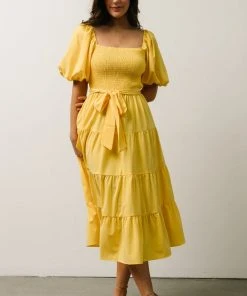 FT Horizon Puff Sleeve Smocked Midi Dress | Bright Yellow