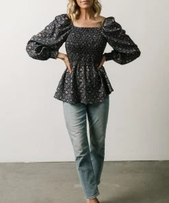 HAY Ida Peasant Top | Navy Multi Floral