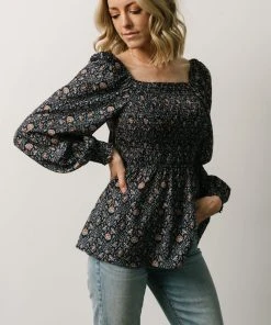HAY Ida Peasant Top | Navy Multi Floral