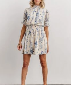 SL Indie Mock Neck Mini Dress | Cream + Blue Floral Dresses