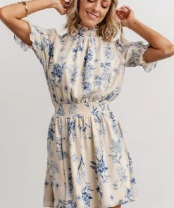 SL Indie Mock Neck Mini Dress | Cream + Blue Floral Dresses
