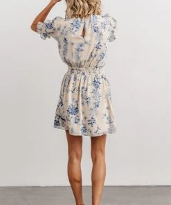 SL Indie Mock Neck Mini Dress | Cream + Blue Floral Dresses