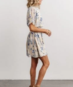 SL Indie Mock Neck Mini Dress | Cream + Blue Floral Dresses