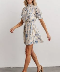 SL Indie Mock Neck Mini Dress | Cream + Blue Floral Dresses