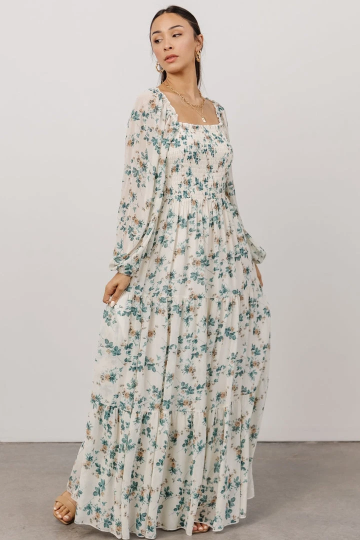 BB Custom Dresses Isabela Smocked Maxi Dress | Ivory + Topaz Floral BB Custom Dresses Isabela Smocked Maxi Dress | Ivory + Topaz Floral