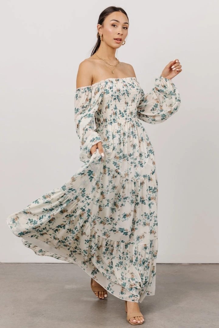 BB Custom Dresses Isabela Smocked Maxi Dress | Ivory + Topaz Floral BB Custom Dresses Isabela Smocked Maxi Dress | Ivory + Topaz Floral