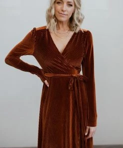 BB Custom Jada Ribbed Velvet Wrap Dress | Copper