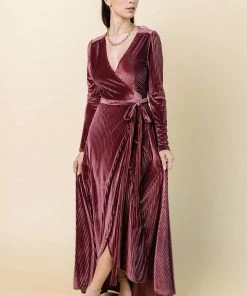 BB Custom Jada Ribbed Velvet Wrap Dress | Dark Rose