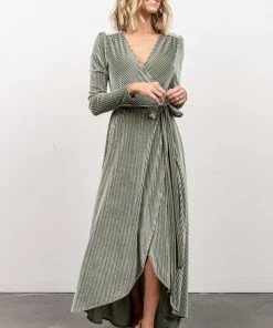 BB Custom Dresses Jada Ribbed Velvet Wrap Dress | Dusty Sage