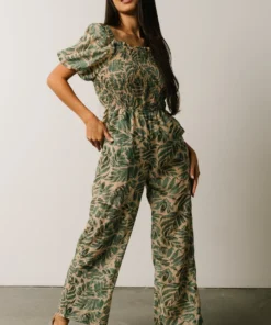 HAY Vacation Jane Smocked Jumpsuit | Sage Palm Print