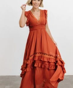 BB Custom Dresses Jasmine Ruffle Maxi Dress | Rust 22 BB Custom Dresses Jasmine Ruffle Maxi Dress | Rust