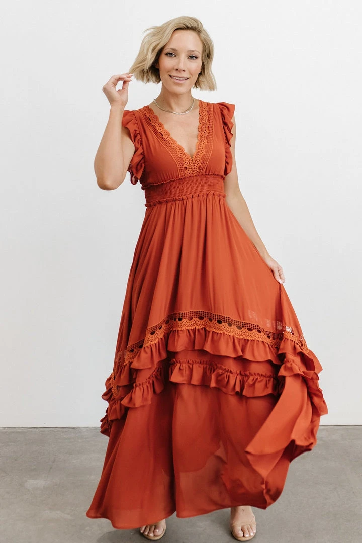 BB Custom Dresses Jasmine Ruffle Maxi Dress | Rust 11 BB Custom Dresses Jasmine Ruffle Maxi Dress | Rust