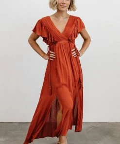 BB Custom Dresses Jennifer Deep V Maxi Dress | Rust
