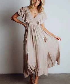 BB Custom Jennifer Deep V Maxi Dress | Sand