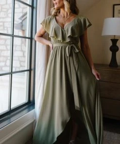 BB Custom Katya Ruffle Maxi Dress | Dusty Olive
