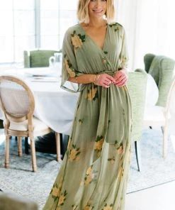 BB Custom Kia Kimono Maxi Dress | Olive Floral