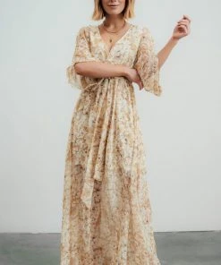 BB Custom Kia Kimono Maxi Dress | Tan Floral