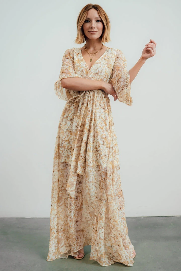 BB Custom Kia Kimono Maxi Dress | Tan Floral 1 BB Custom Kia Kimono Maxi Dress | Tan Floral